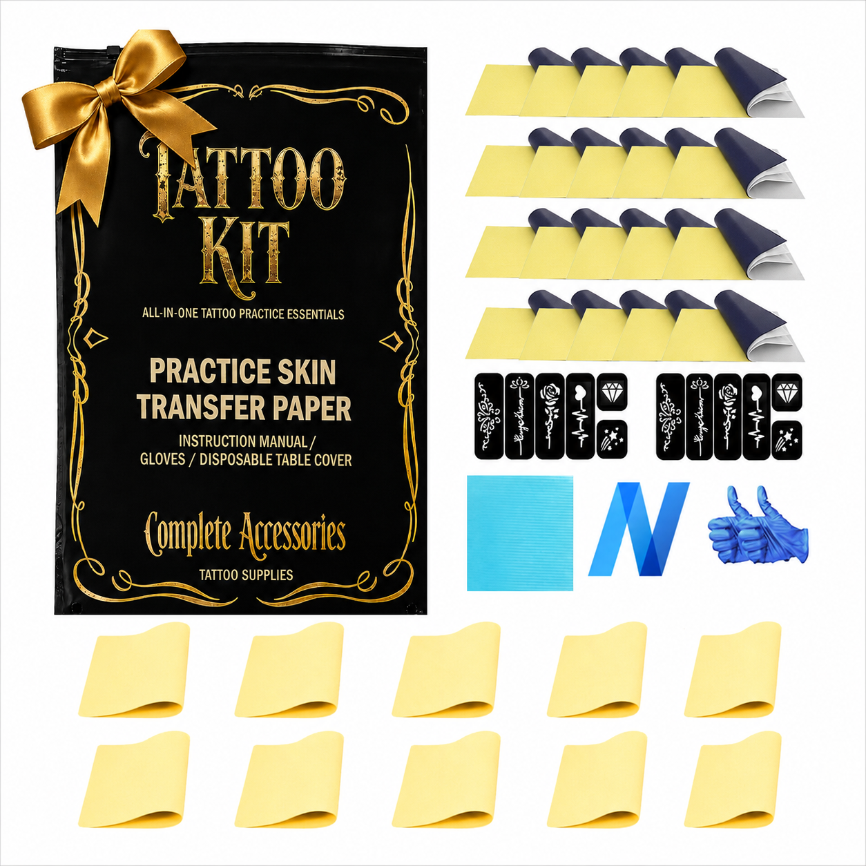 Tattoo Practice Kit – Neebol 20/35pcs Tattoo Kit with Practice Skin, Transfer Paper, Tattoo Pen Covers, Tattoo Table Cover Pad