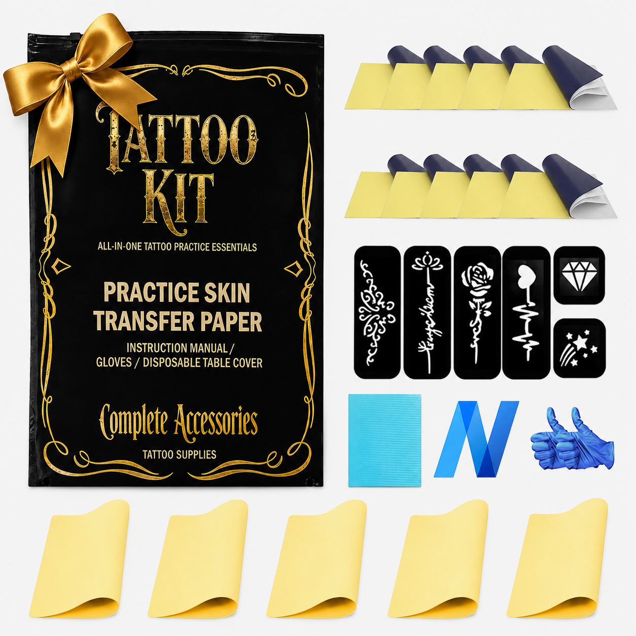 Tattoo Practice Kit – Neebol 20/35pcs Tattoo Kit with Practice Skin, Transfer Paper, Tattoo Pen Covers, Tattoo Table Cover Pad