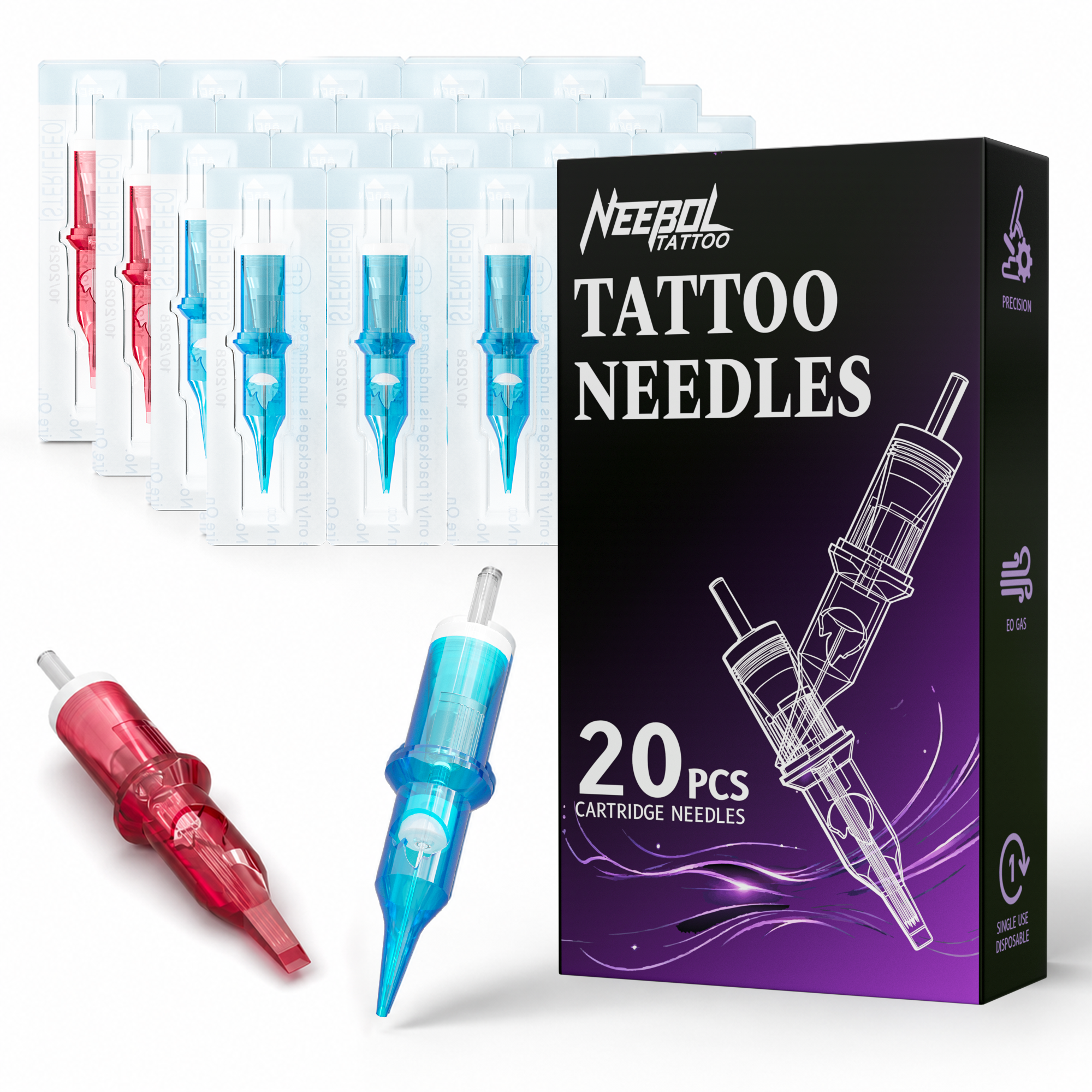 Neebol Tattoo Needle Cartridges - 20pc RLRM/RL/RS/RM/M1 | FLAME