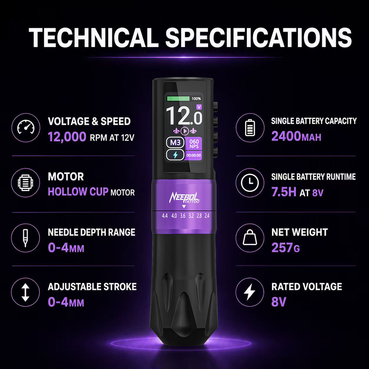 Neebol Wireless Tattoo Machine R3 PRO, 2.4-4.4MM Stroke, Dual Batteries
