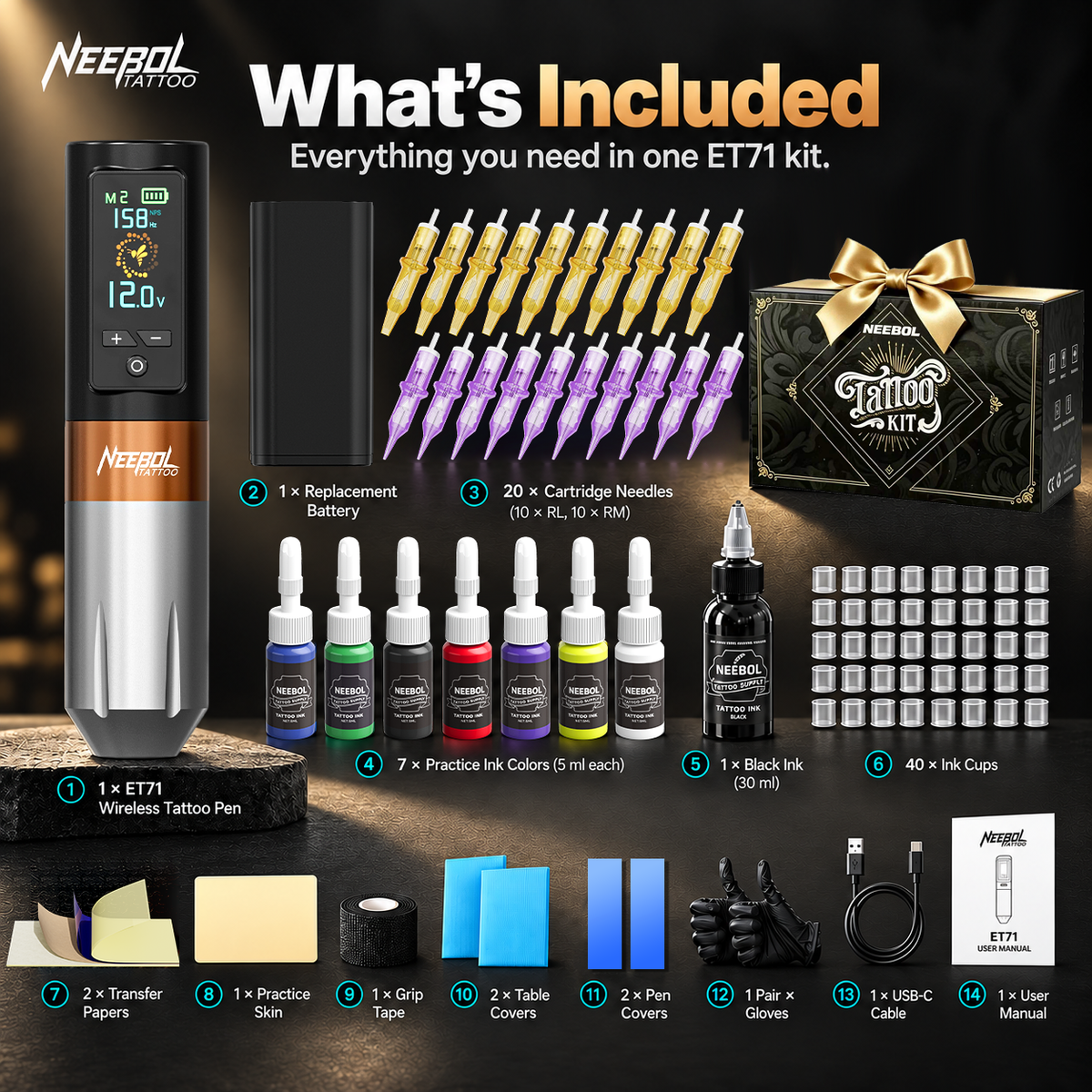 Tattoo Kit - Neebol ET71 Wireless Tattoo Machine Kit with Dual Batteries