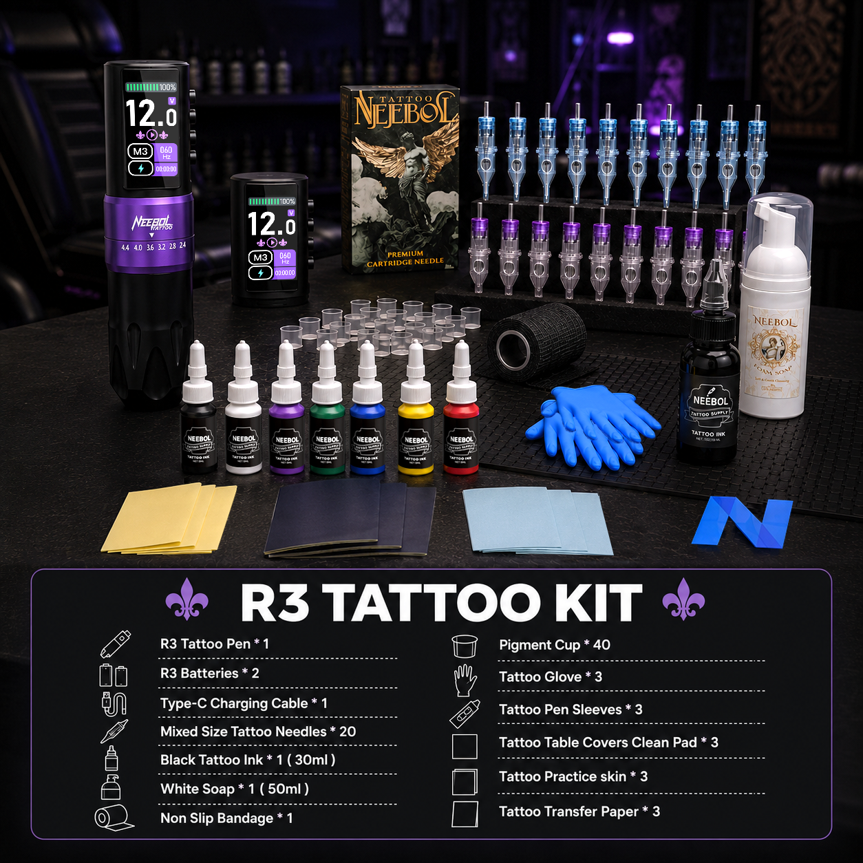 Tattoo Kit - Neebol R3 PRO Wireless Professional Tattoo Gun Kit