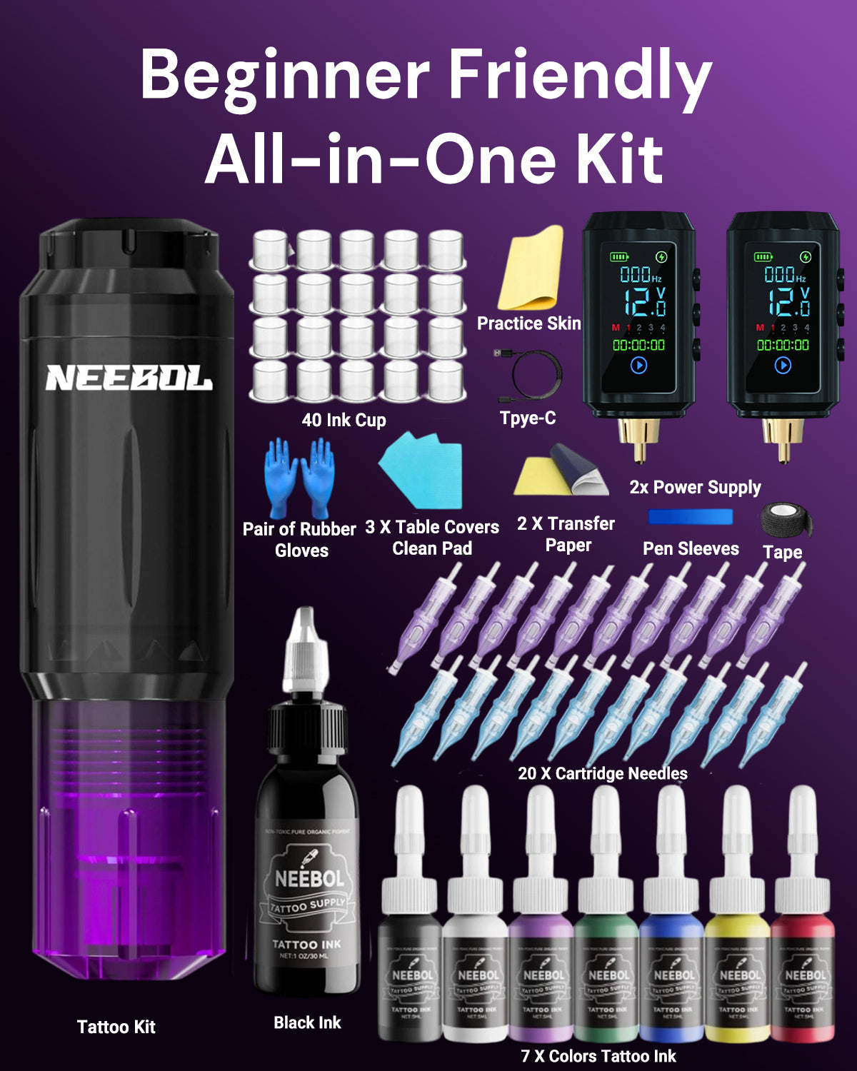 Tattoo Kit - Neebol Wireless Tattoo Gun Kit for Beginner A10 & 67M, Dual Batteries