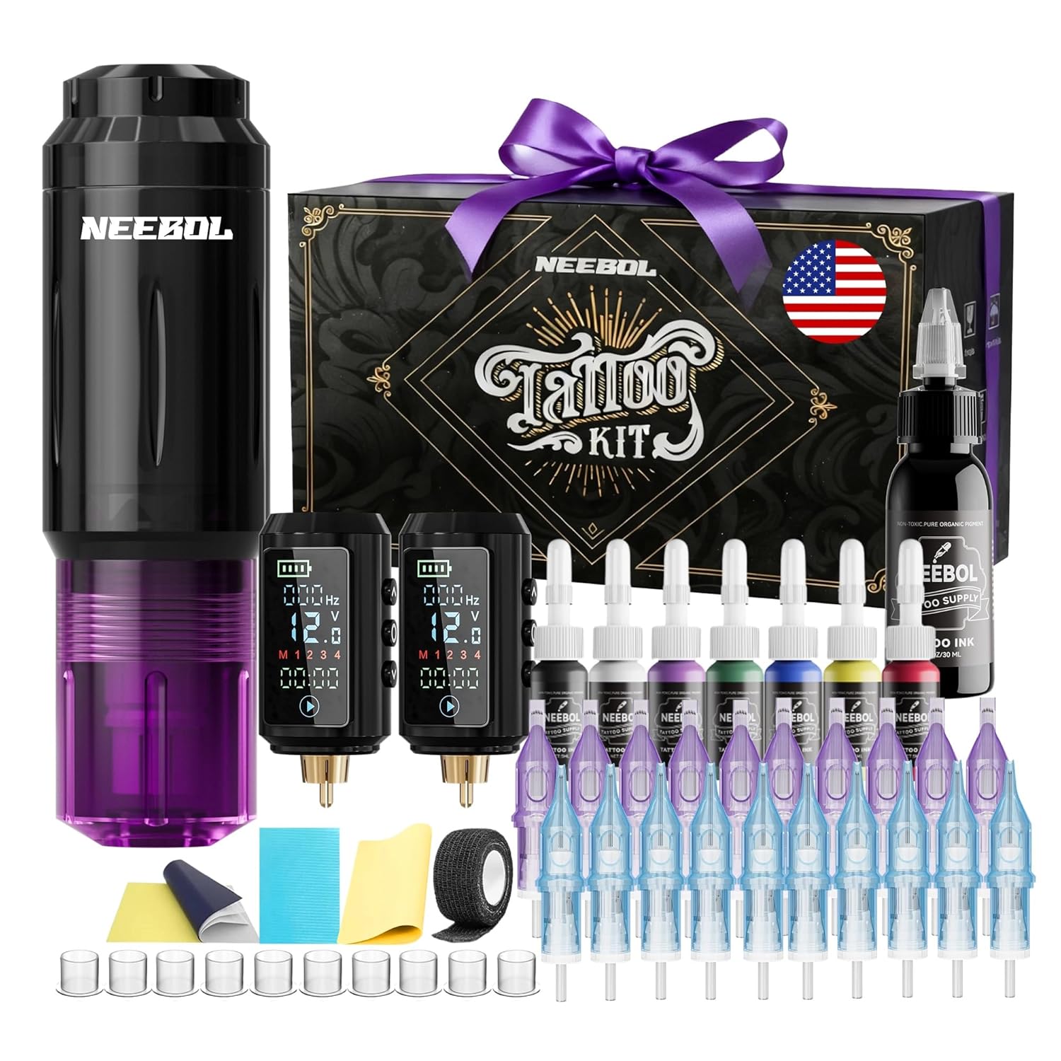 Tattoo Kit - Neebol Wireless Tattoo Gun Kit for Beginner A10 & 67M, Dual Batteries
