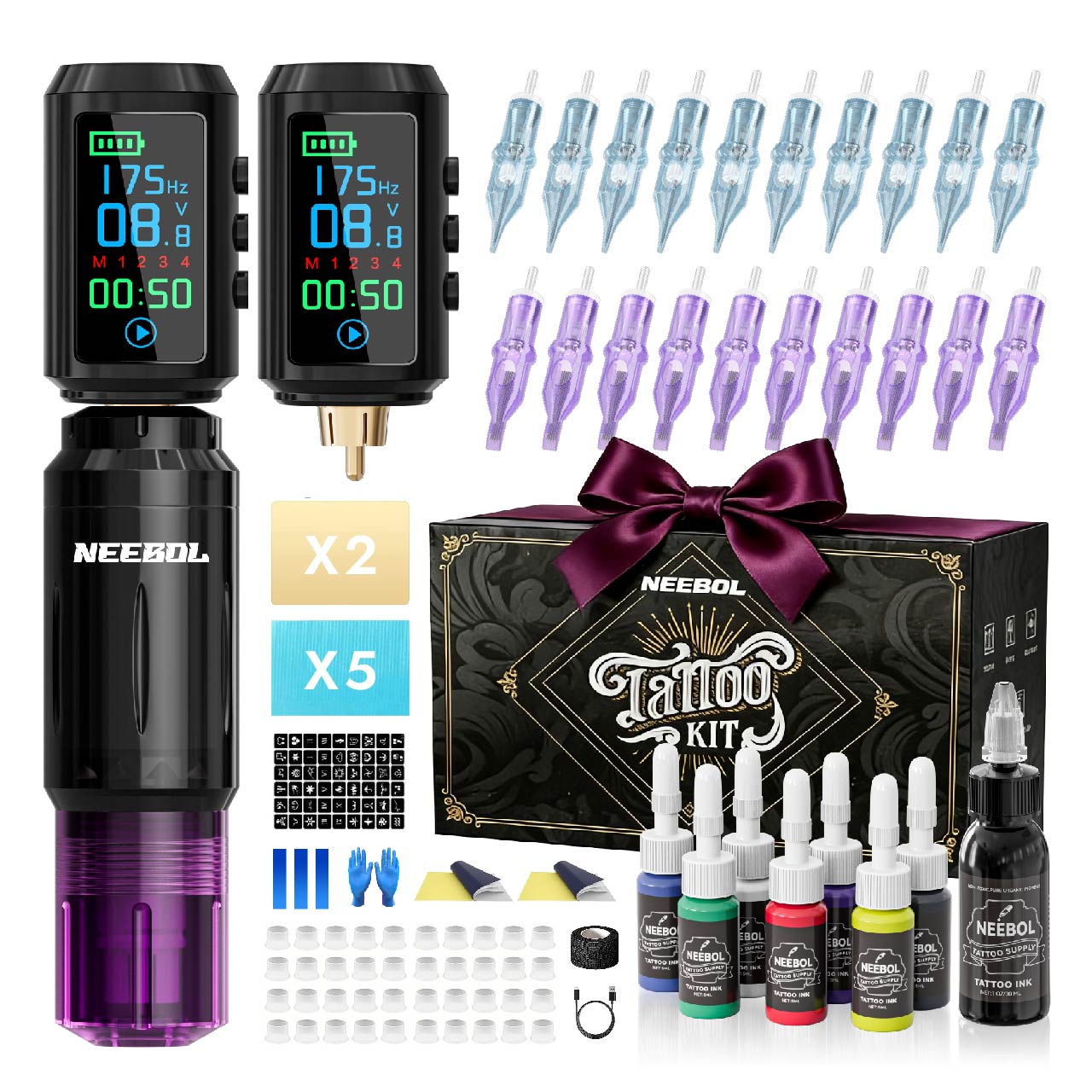 Tattoo Kit - Neebol Wireless Tattoo Gun Kit for Beginner A10 & 67M, Dual Batteries
