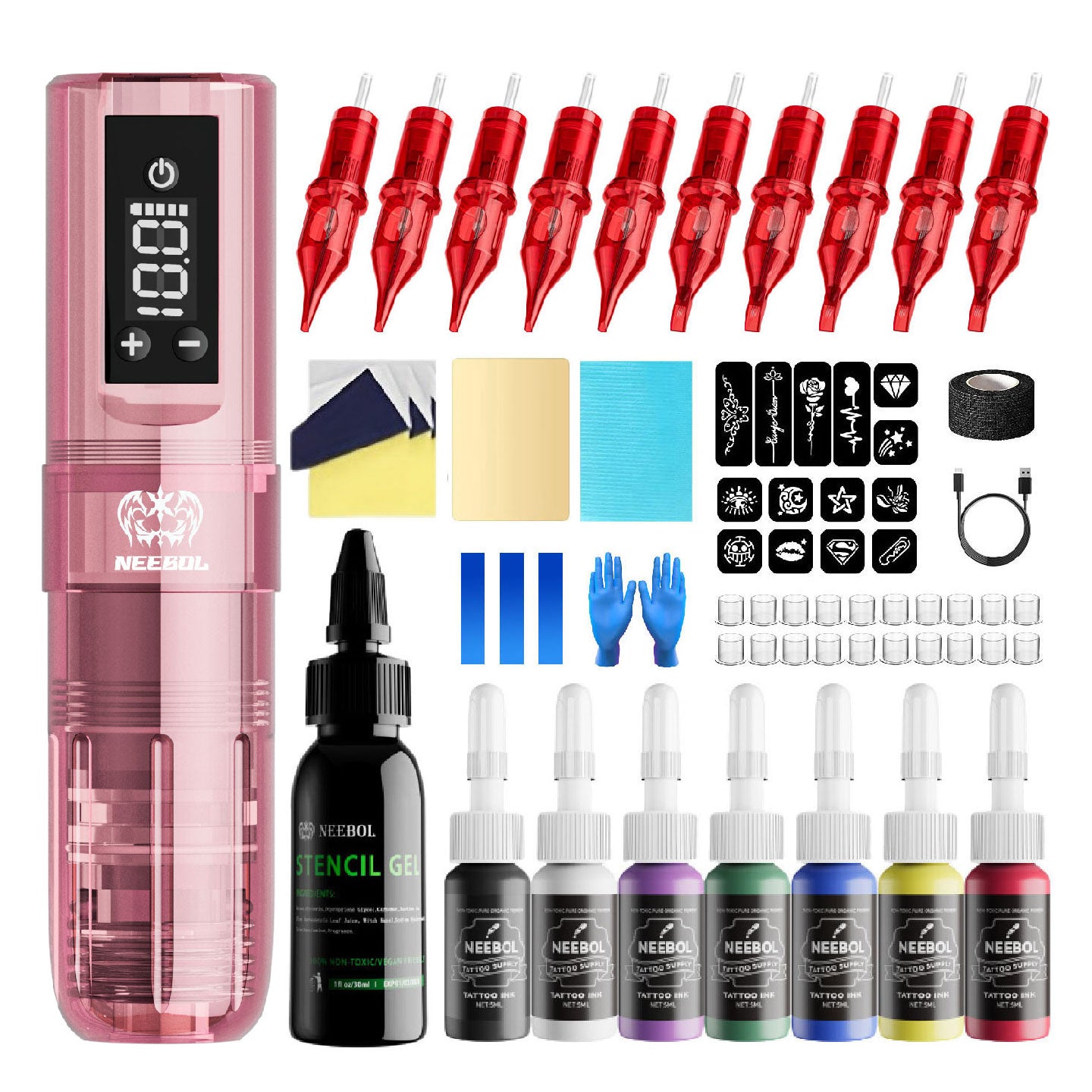 PX01 Wireless Tattoo Kit - 10pc Red Needles Set | Neebol
