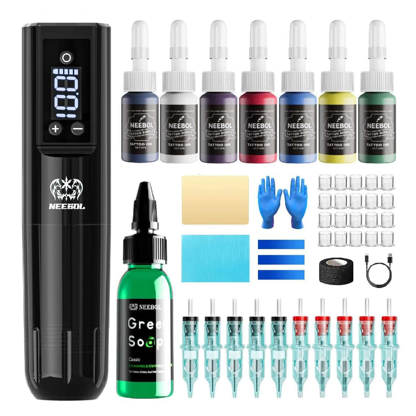 Tattoo Kit - Neebol PX02 Wireless Tattoo Machine Starter Kit with Green Soap
