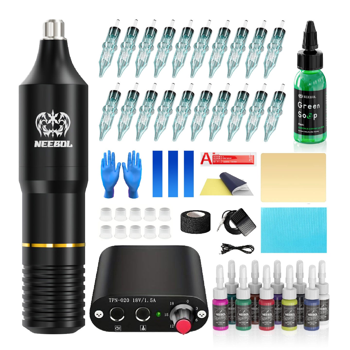 Tattoo Kit - Neebol Rotary Tattoo Pen Starter Kit with Pedal VEX & YX01