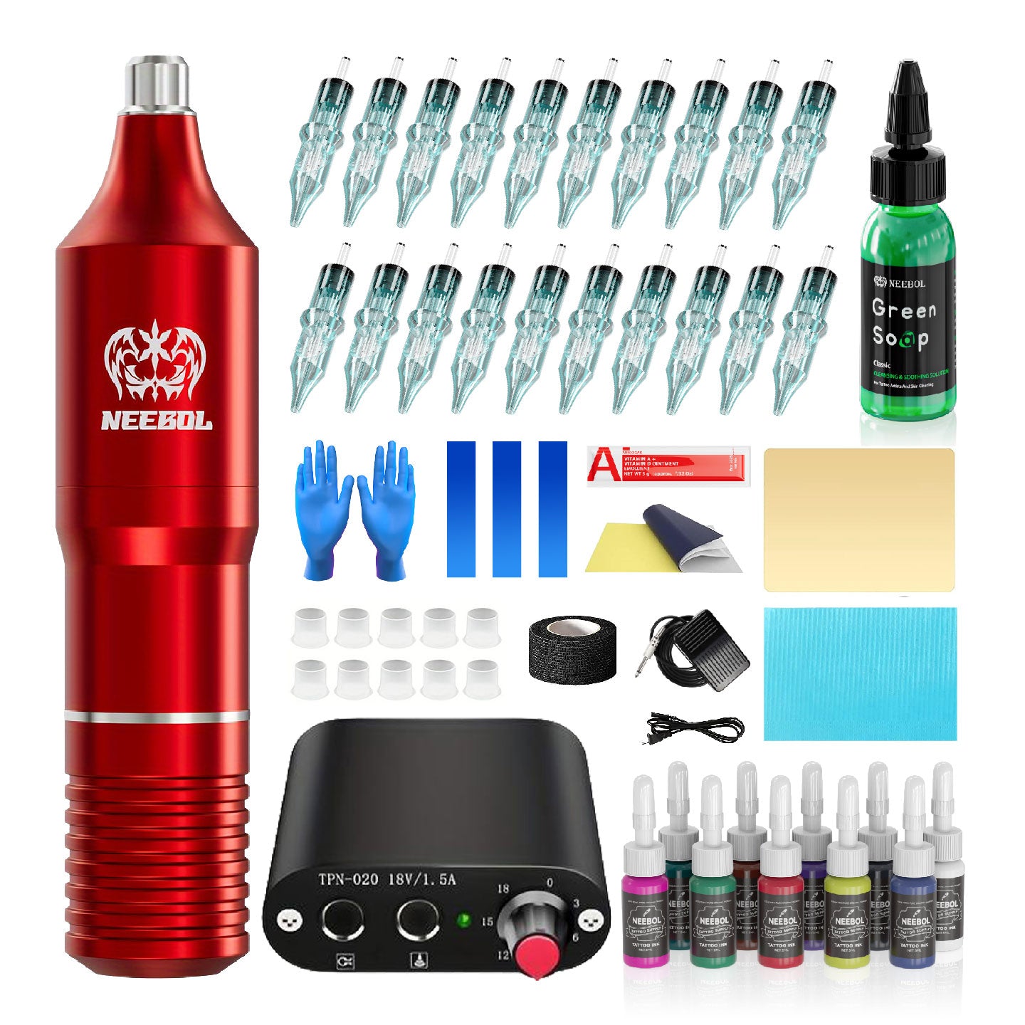 Tattoo Kit - Neebol Rotary Tattoo Pen Starter Kit with Pedal VEX & YX01
