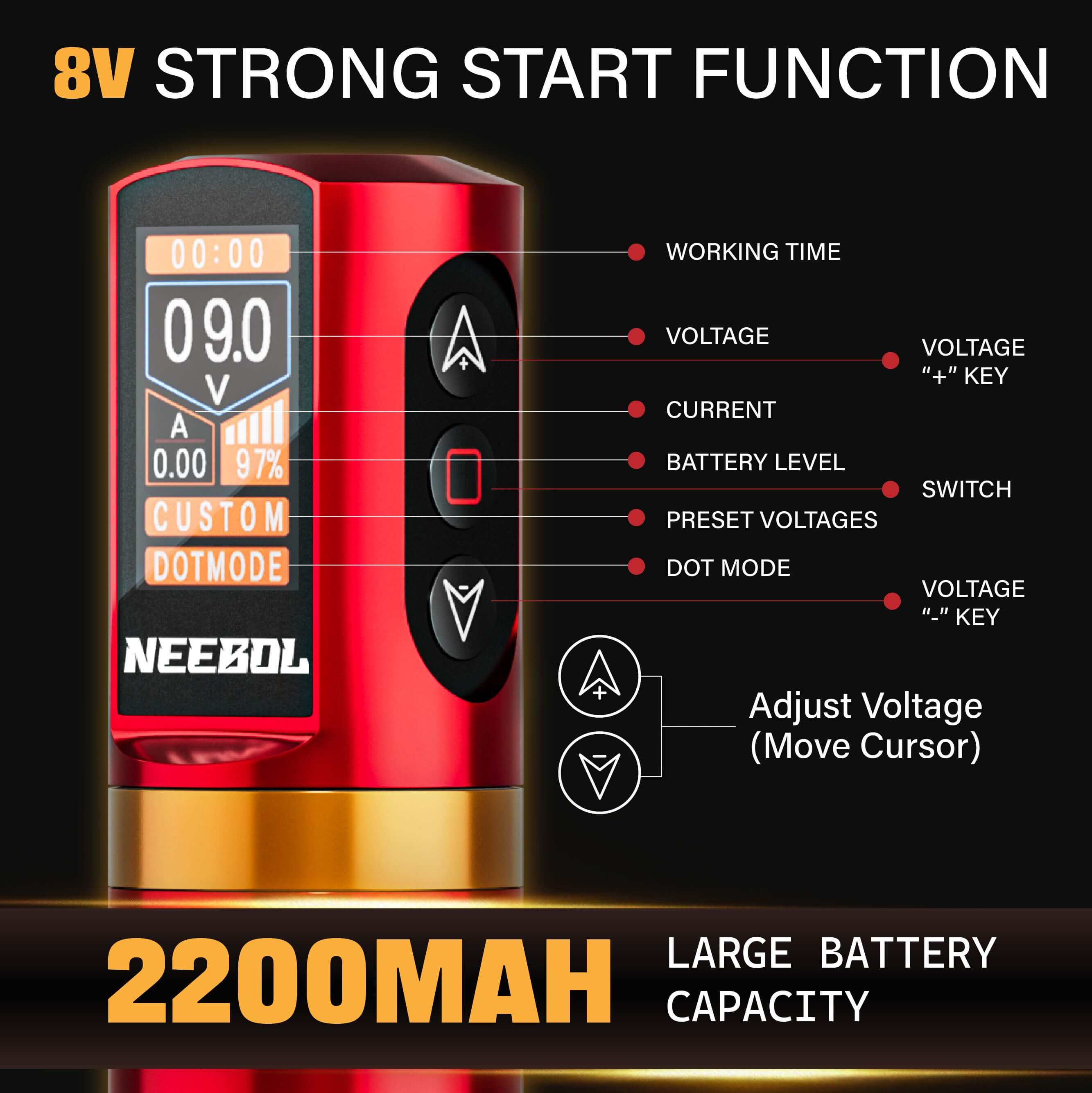 Neebol Tattoo Machine R2 PRO, 2.5-4.5MM Stroke, Dual Batteries