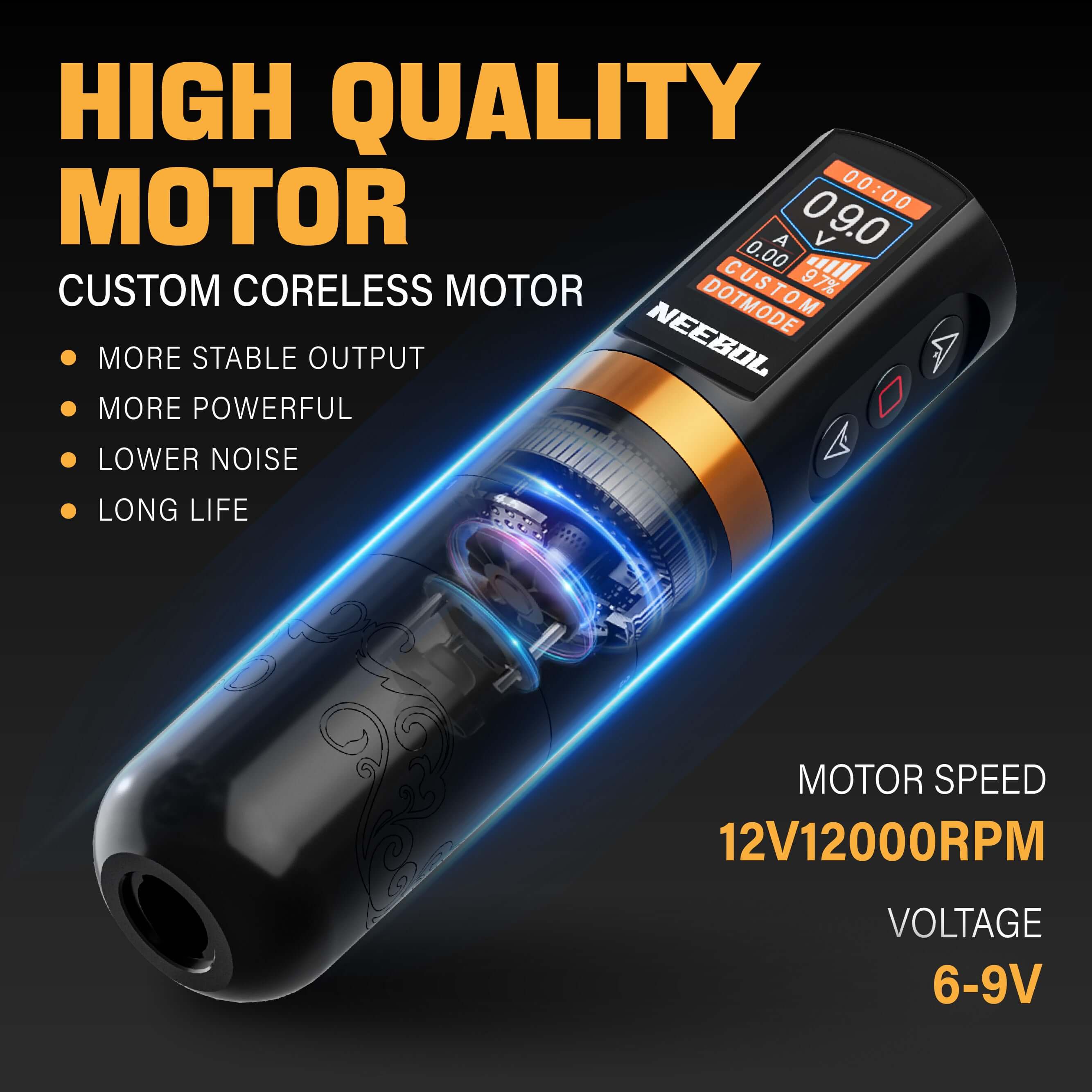 Neebol Tattoo Machine R2 PRO, 2.5-4.5MM Stroke, Dual Batteries