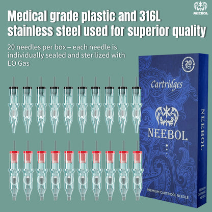 Neebol Premium Cartridge Needles for Tattoo Machine, 20Pcs In (Round Liner + Round Magnum), Universial Compatibility