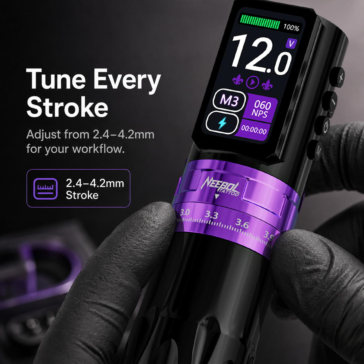 Tattoo Kit - Neebol RT03 PRO Adjustable Stroke Wireless Tattoo Gun Kit