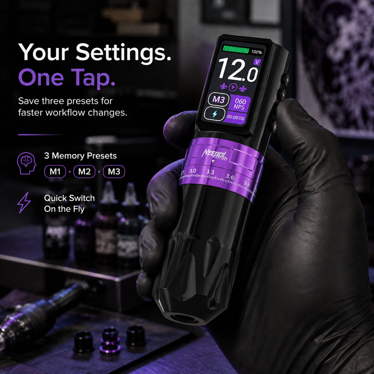 Tattoo Kit - Neebol RT03 PRO Adjustable Stroke Wireless Tattoo Gun Kit