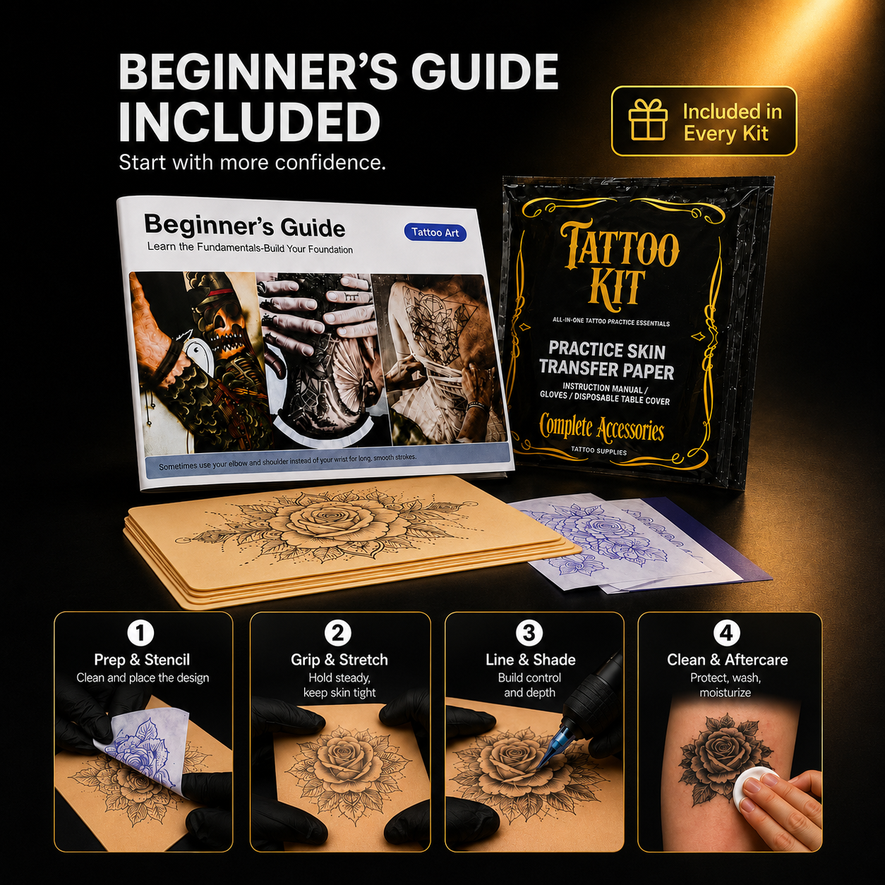 Tattoo Practice Kit – Neebol 20/35pcs Tattoo Kit with Practice Skin, Transfer Paper, Tattoo Pen Covers, Tattoo Table Cover Pad
