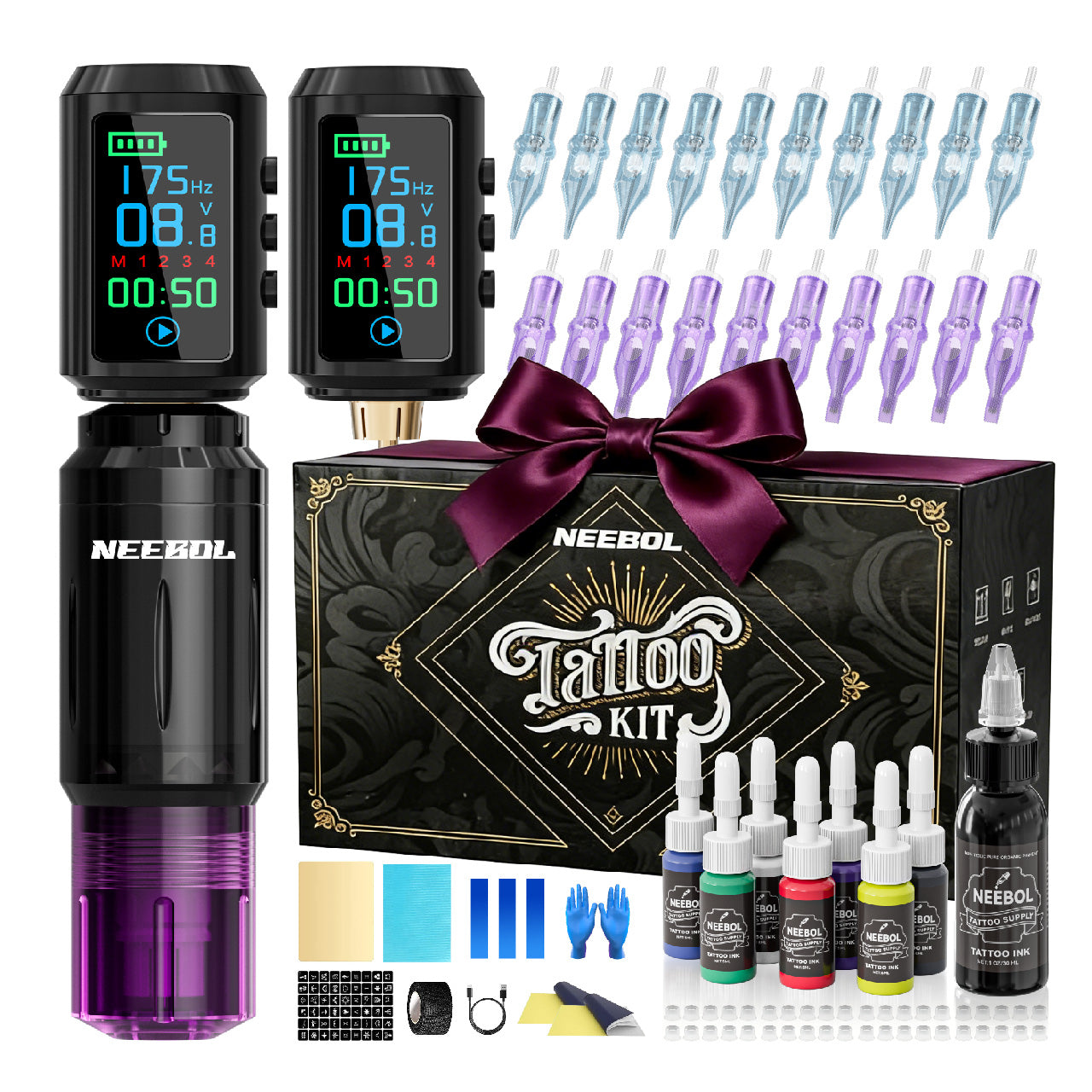 Tattoo Kit - Neebol Wireless Tattoo Gun Kit for Beginner A10 & 67M, Dual Batteries