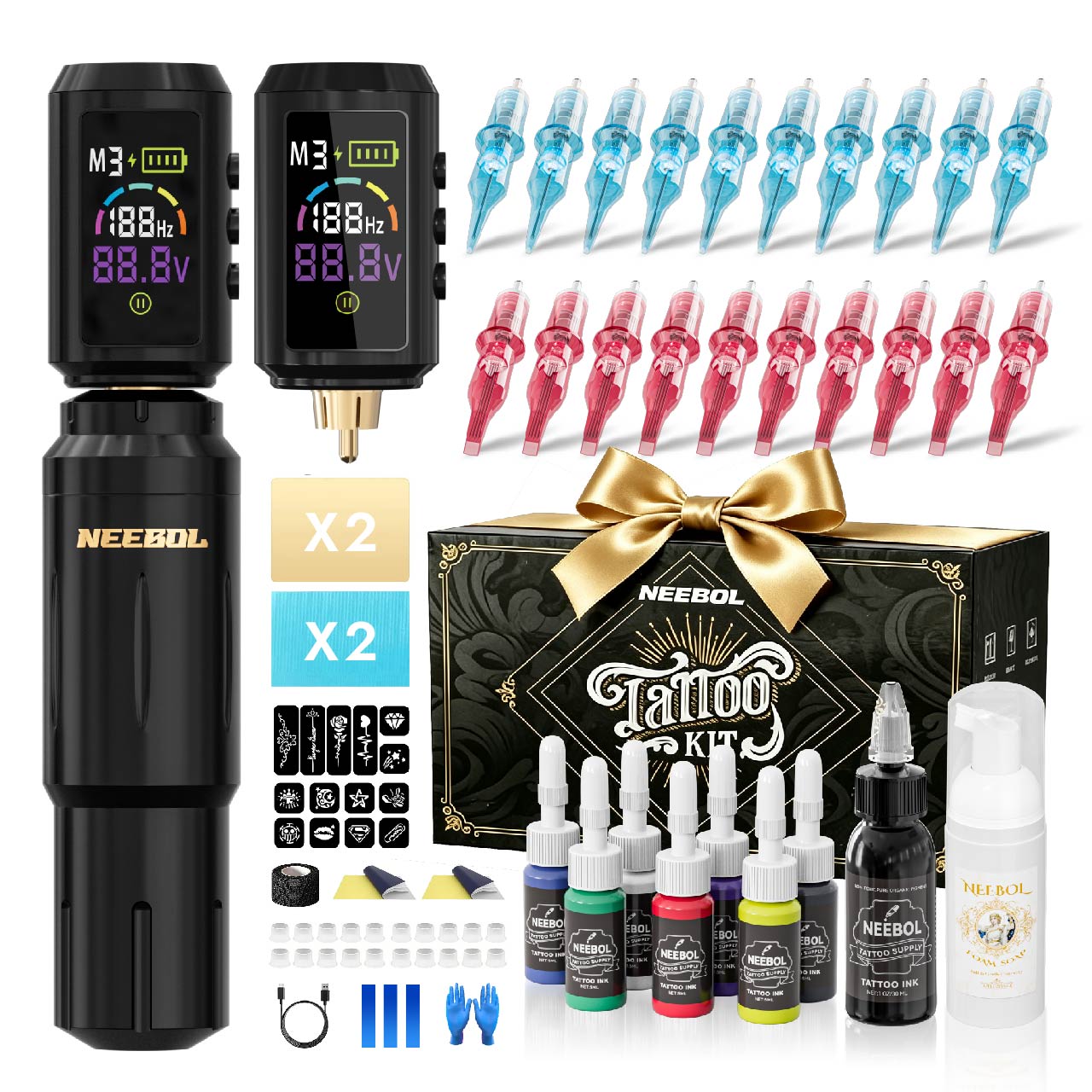 Tattoo Kit - Neebol Wireless Tattoo Gun Kit for Beginner A10 & 68M, Dual Batteries