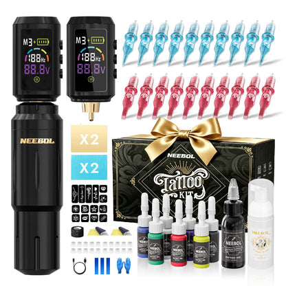 Tattoo Kit - Neebol Wireless Tattoo Gun Kit for Beginner A10 & 68M, Dual Batteries