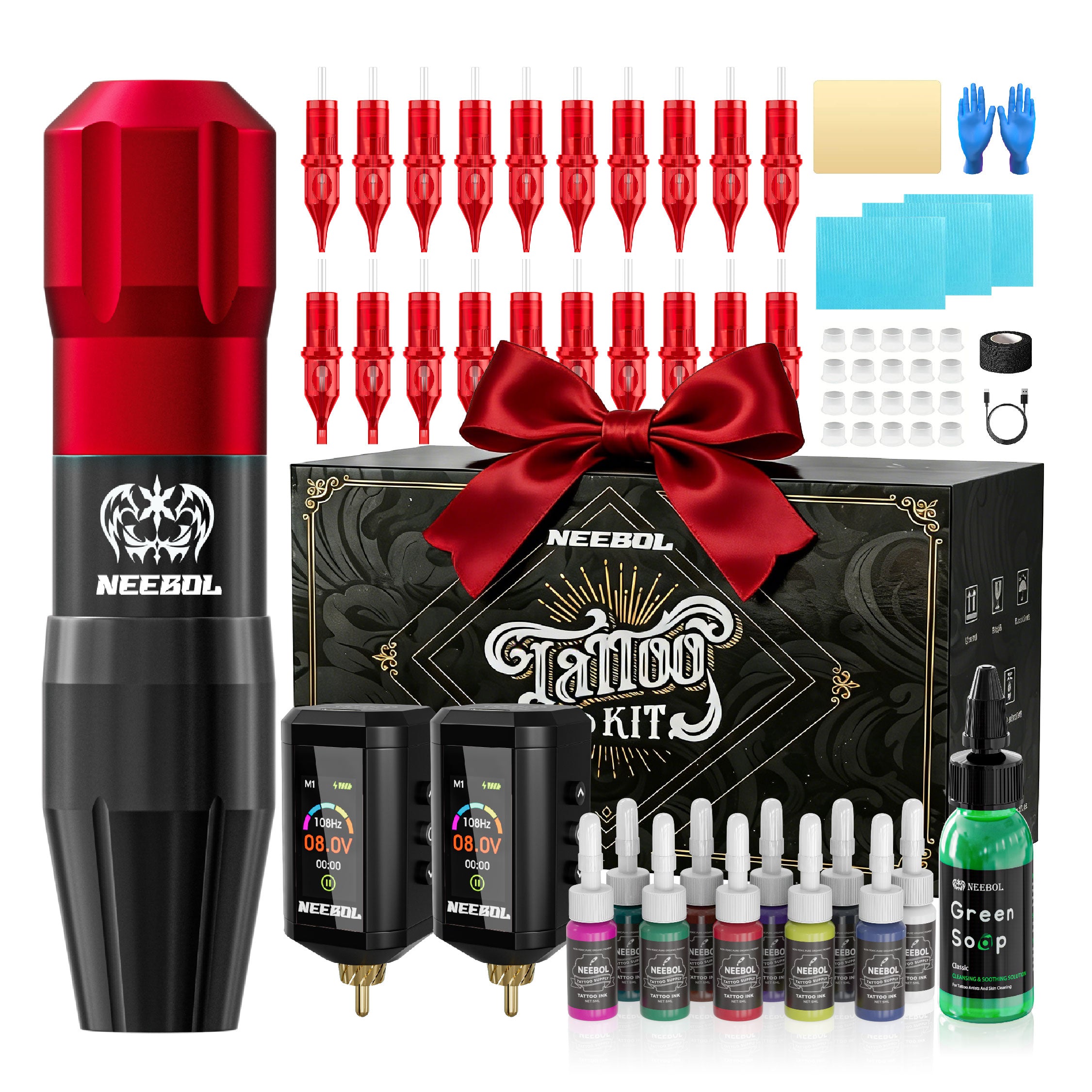 Tattoo Kit - Neebol Wireless Tattoo Gun Starter Kit, Dual Batteries NEX & QM66