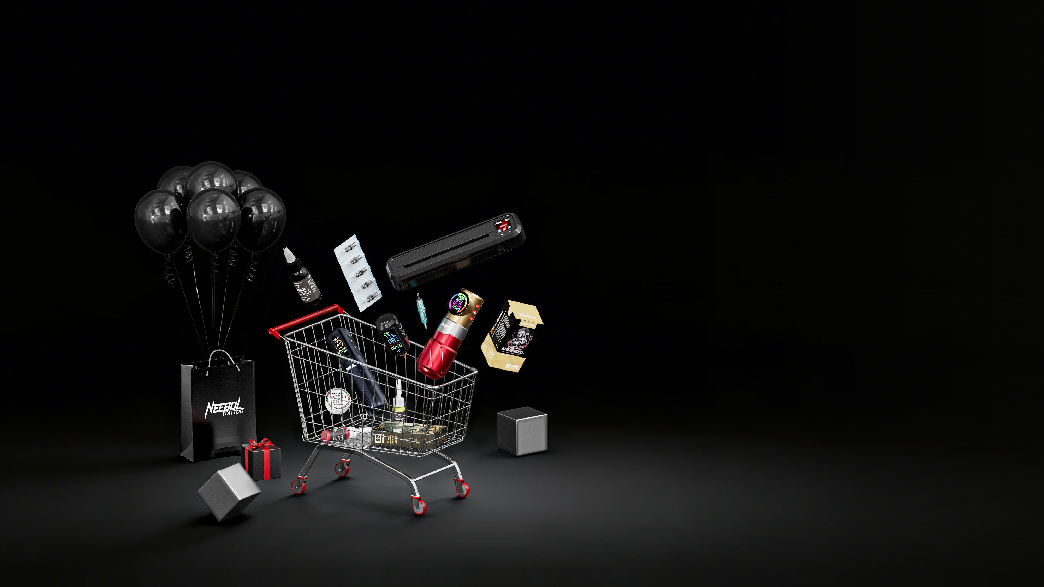 Neebol Tattoo Black Friday sale poster showing wireless tattoo machines, tattoo kits and cartridges with discounts up to 50% off.