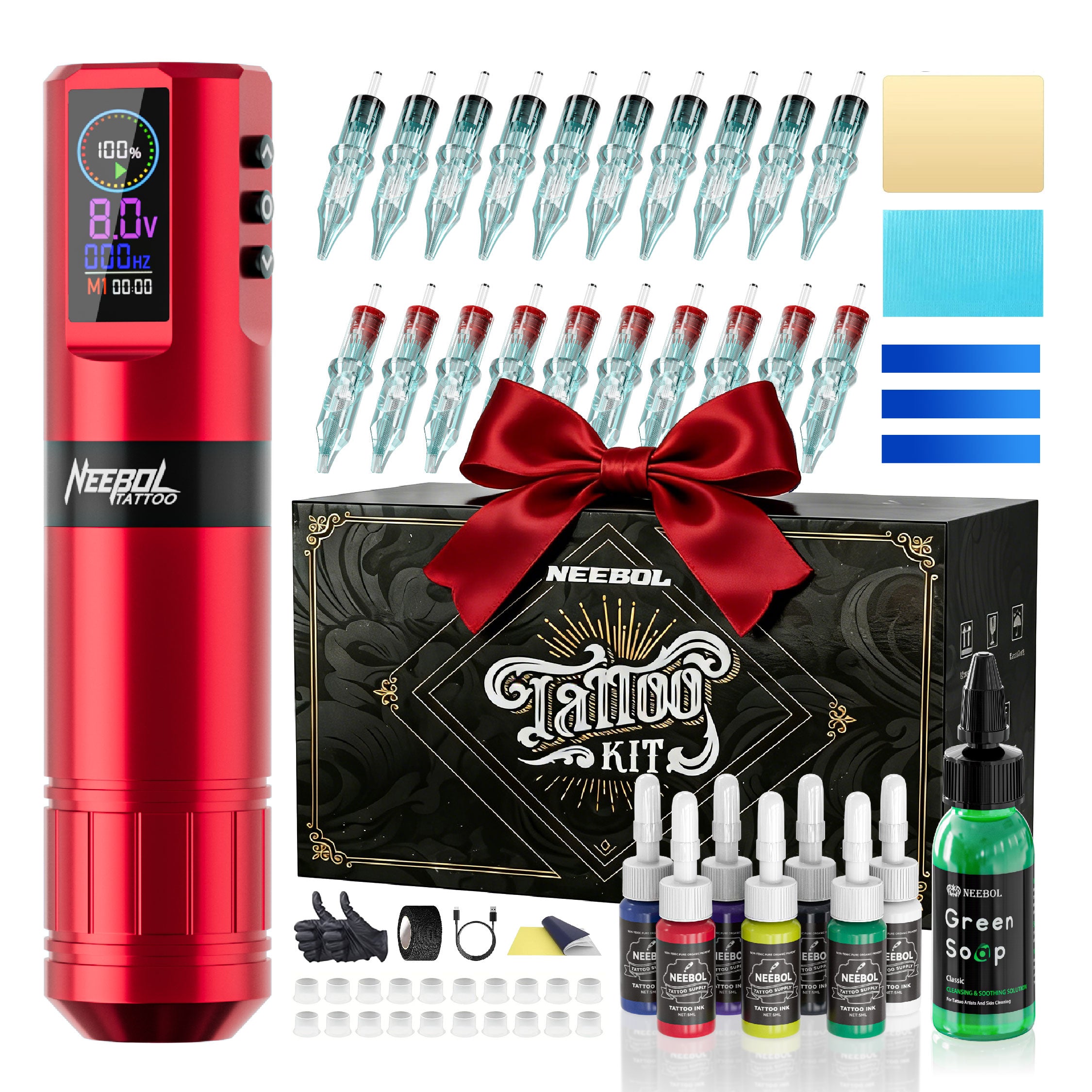 Tattoo Kit - Wireless Tattoo Pen Gun Kit for Beginners - Rotary Machine with Complete Tattoo Supplies, Red | Neebol F7