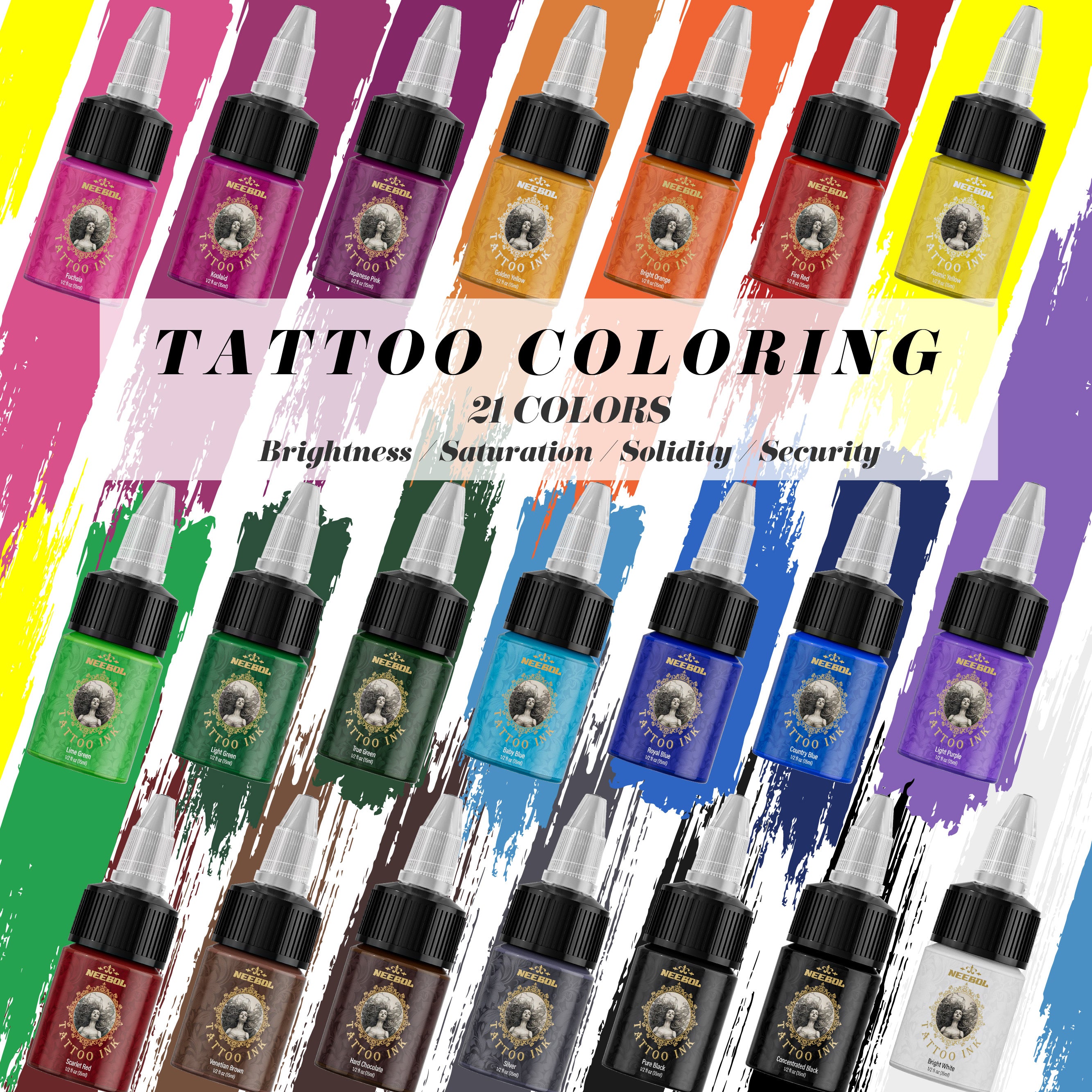 Neebol Professional Tattoo Ink Pigment Set | 21 Colors | Organic 0.5 Oz Bottles | Permanent Tattoo Kit