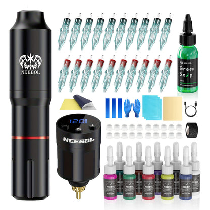 Kit de pistola de tatuaje inalámbrica, bolígrafo giratorio para tatuaje, pantalla, duración de batería de 6 h, kit completo de pistola de tatuaje 