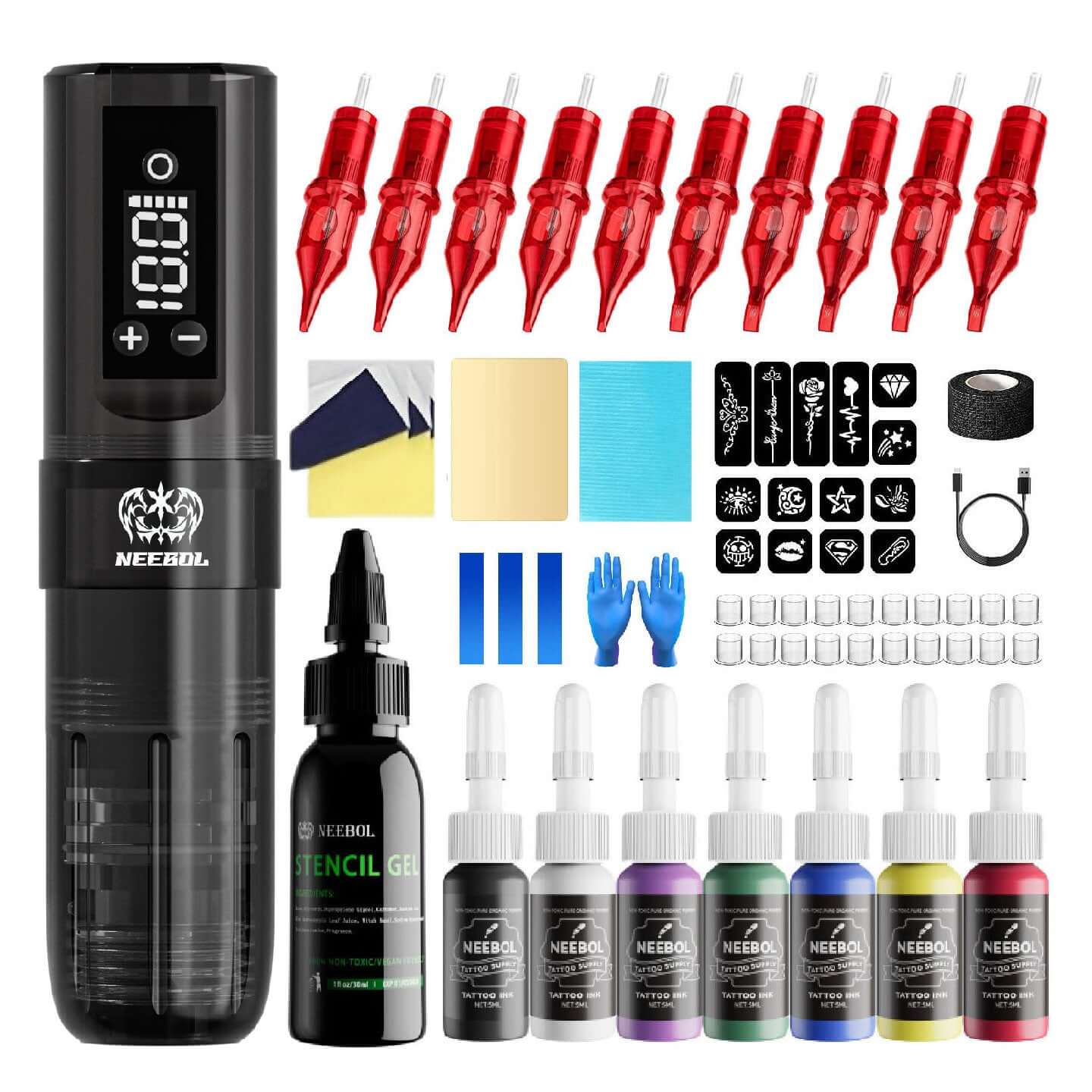 Tattoo Kit - Neebol PX01 Wireless Tattoo Machine Starter Kit with Stencil Gel