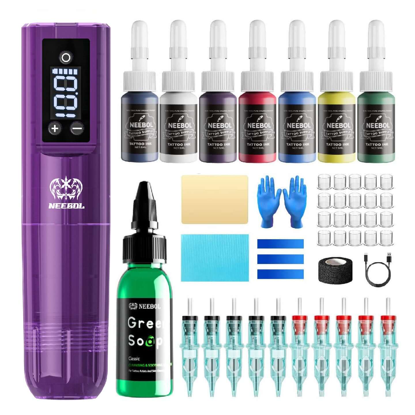 Tattoo Kit - Neebol PX02 Wireless Tattoo Machine Starter Kit with Green Soap