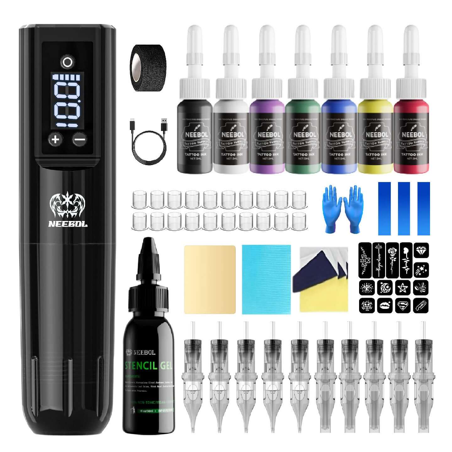 Tattoo Kit - Neebol PX02 Wileless Tattoo Pen Starter Kit with Stencil Gel