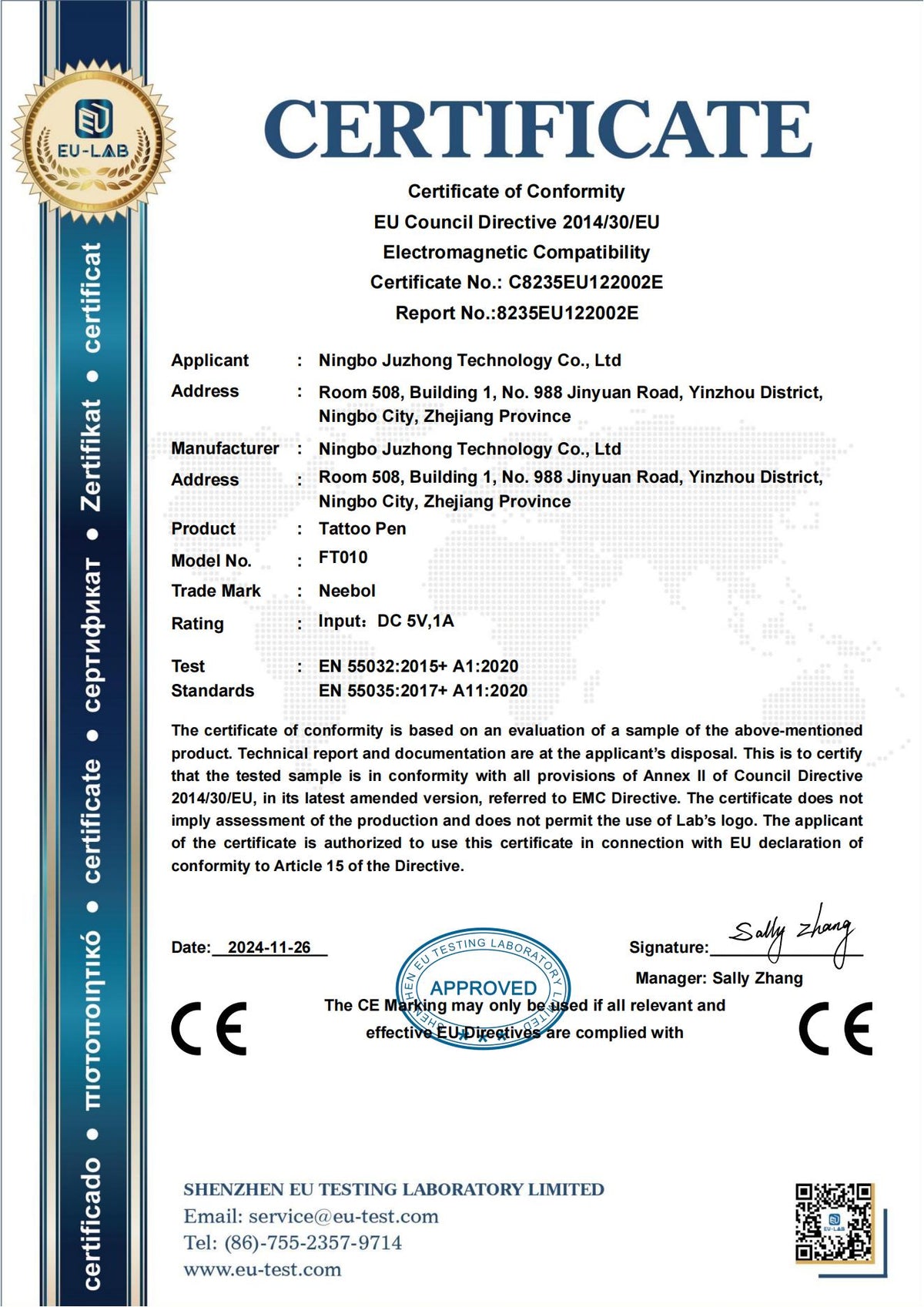 Neebol Tattoo CE Certificate for safety compliance