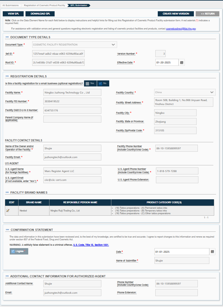 Neebol Tattoo FDA Certificate for medical device safety compliance