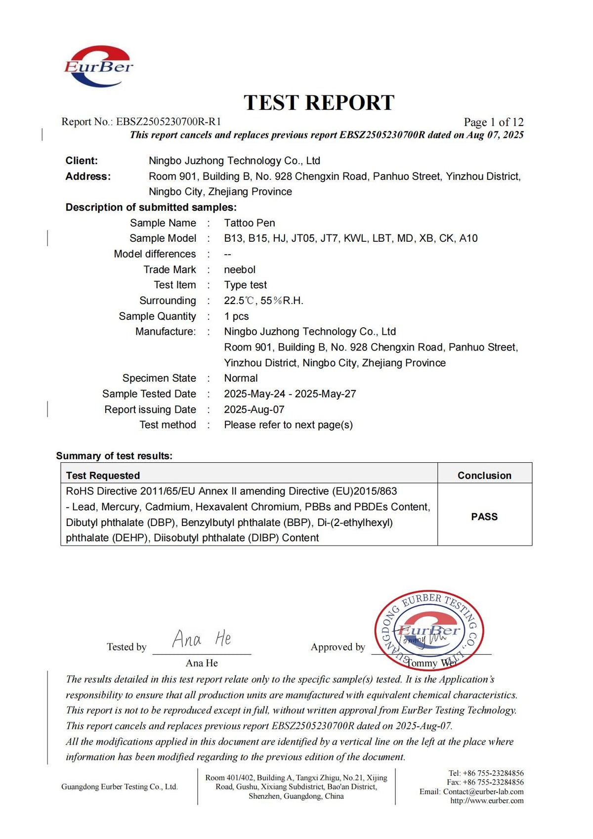 Neebol Tattoo RoHS Certificate for hazardous substance compliance