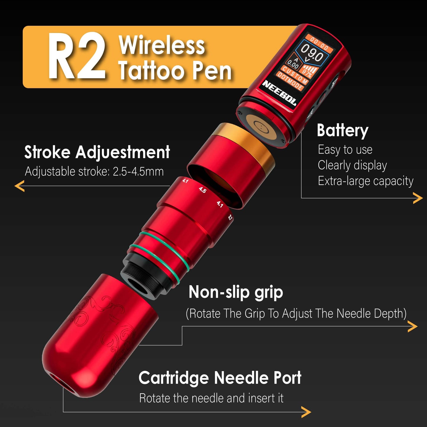 Neebol Tattoo Machine R2 PRO, 2.5-4.5MM Stroke, Dual Batteries