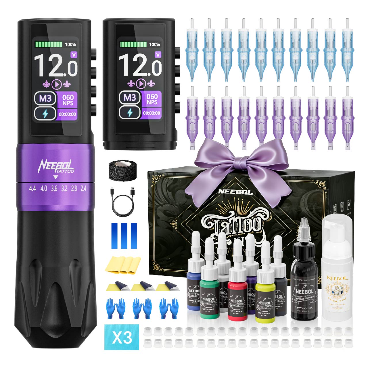Professional Tattoo Kit - Wireless Tattoo Machine R3 PRO Purple | Neebol