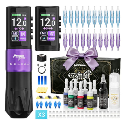 Professional Tattoo Kit - Wireless Tattoo Machine R3 PRO Purple | Neebol