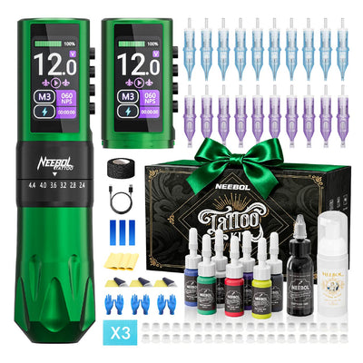 Professional Tattoo Kit - Wireless Tattoo Machine R3 PRO Green | Neebol