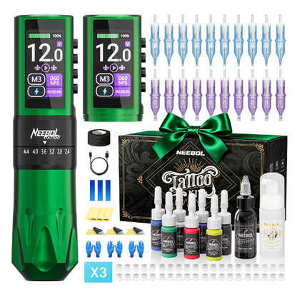 Professional Tattoo Kit - Wireless Tattoo Machine R3 PRO Green | Neebol